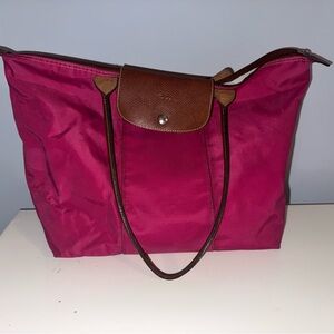 Longchamp Fuchsia Tote with Brown Accents